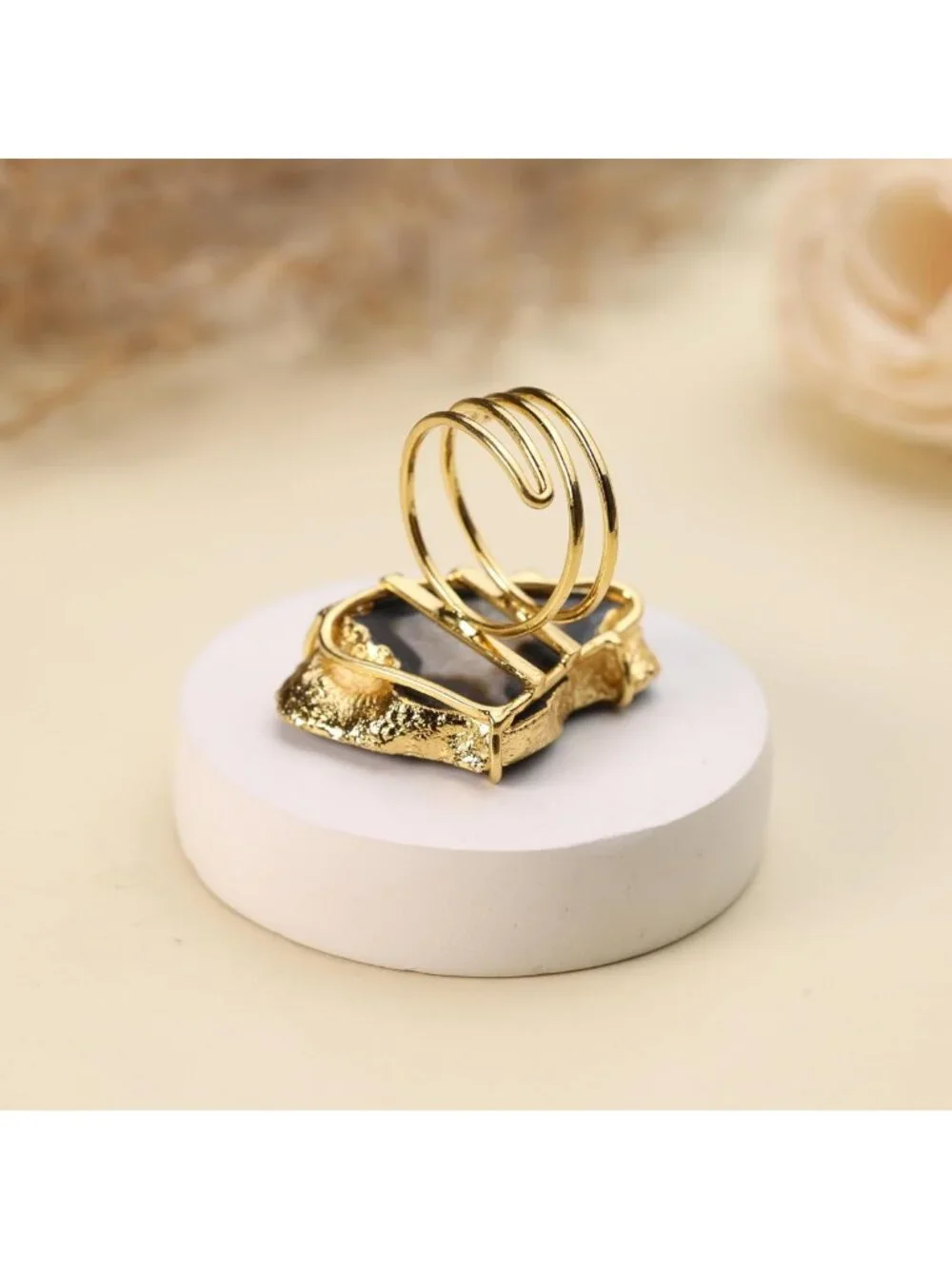 Chunky Gold Plated Adjustable Agate Druzy Ring - Natural Geode Statement Jewelry